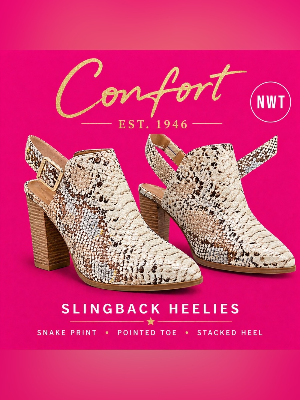 Slingback Pointed-Heel Mules in Snake Print - Cream/Brown NWT